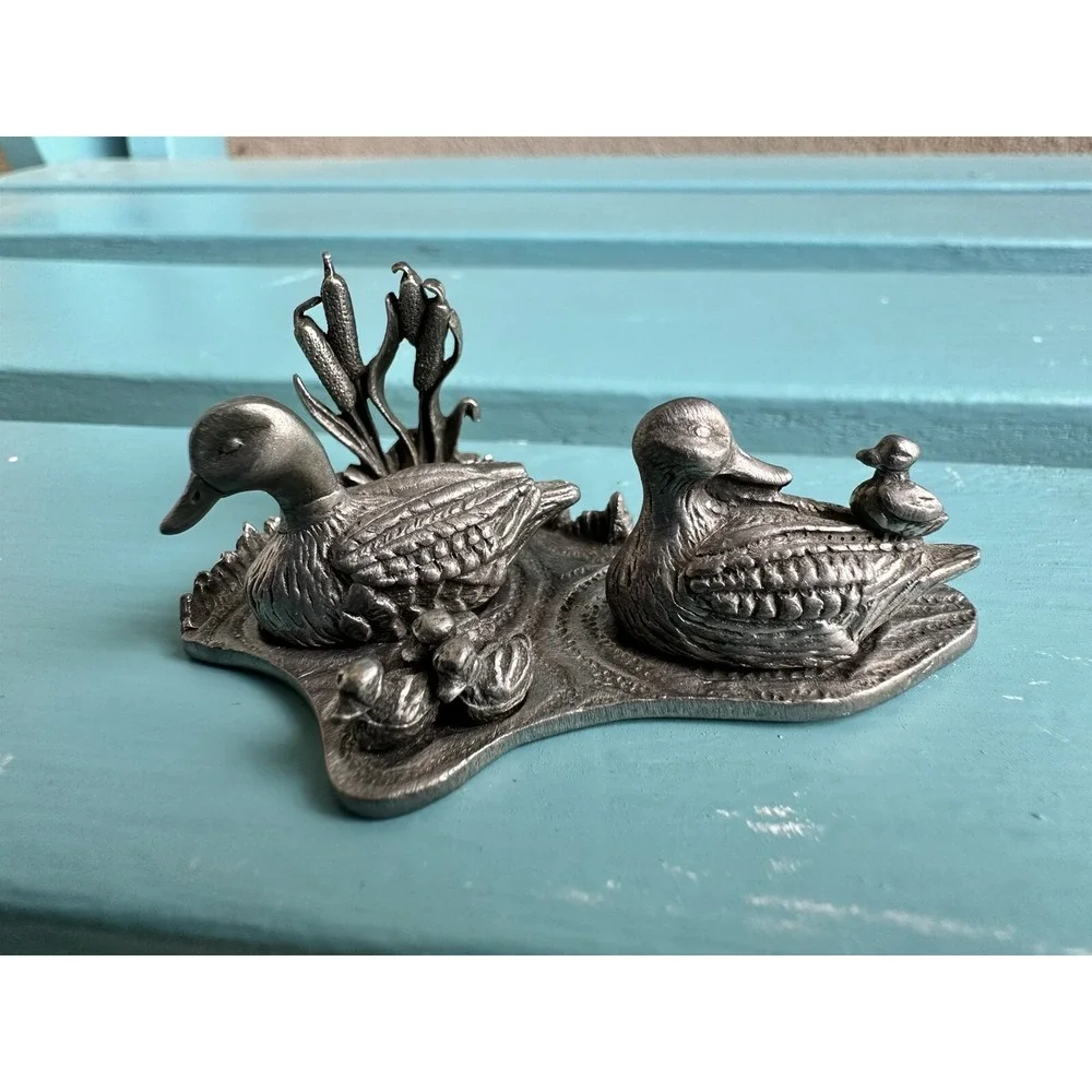 Vintage Pewter Image Duck Family Ducklings Swimming Pond Mini 4 Piece Set 1